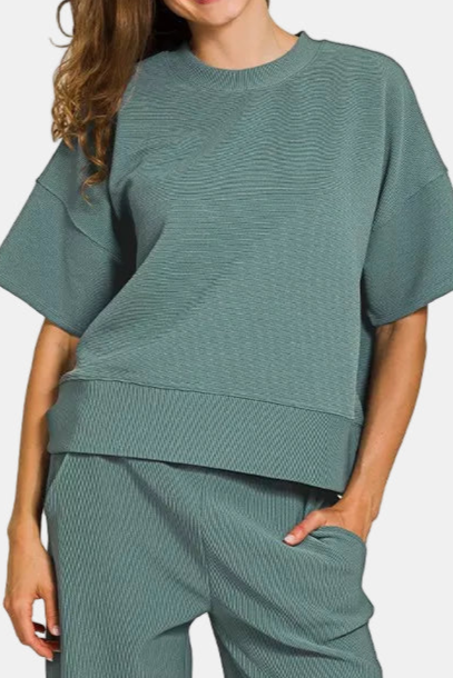 Ribbed Round Neck Tee & Pants Set / ASH JADE