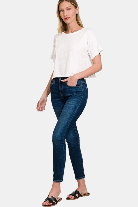 Ribbed Round-Neck Crop Box Tee / WHITE