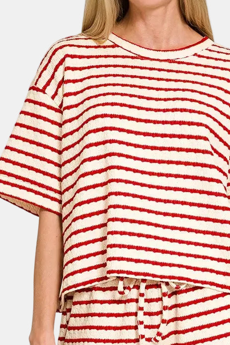 Striped Short Sleeve Tee & Shorts Set / RUBY