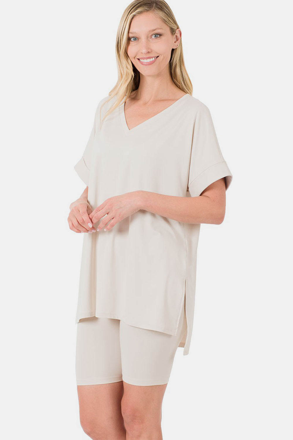 Brushed DTY Microfiber V-Neck Top & Biker Shorts / BONE