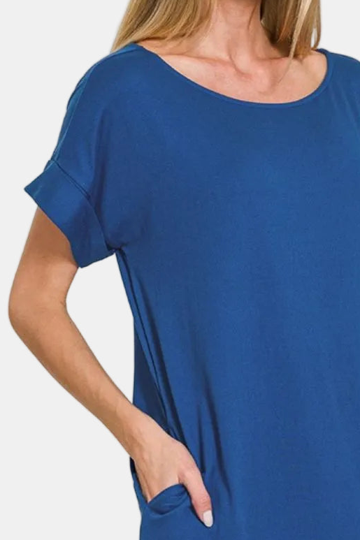 Rolled Short Sleeve Round Neck Dress / LT NAVY