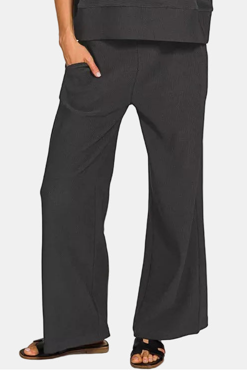 Ribbed Round Neck Tee & Pants Set / BLACK