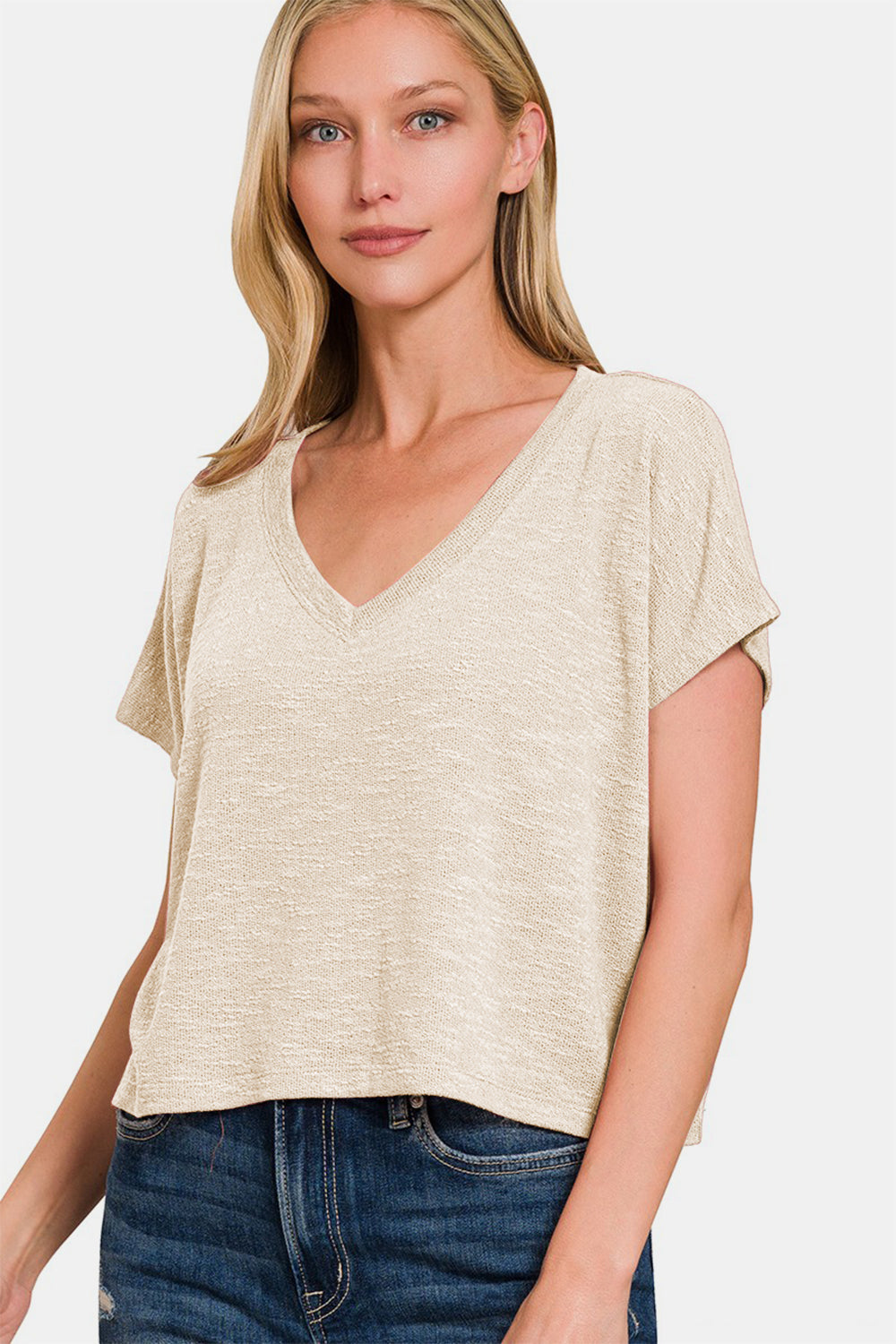 V-Neck Drop Shoulder Short Sleeve Crop Top / SAND BEIGE