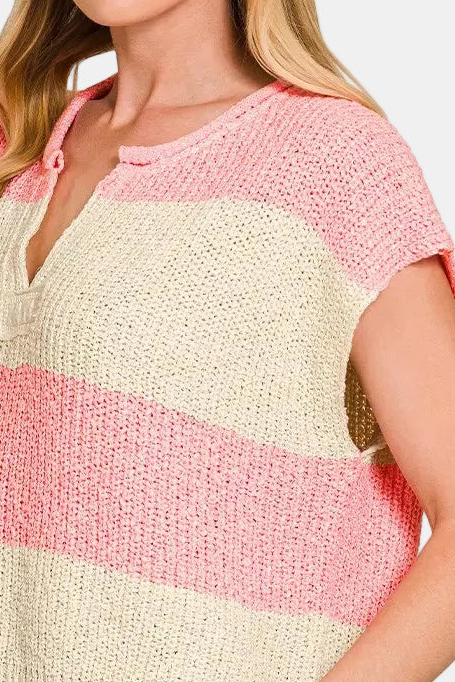 Split Neck Sleeveless Stripe Sweater / CORAL PINK