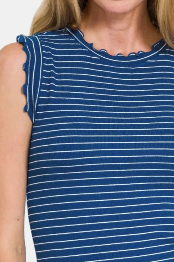 Ribbed Ruffle Trim Sleeveless Stripe Top / LT NAVY/WHITE