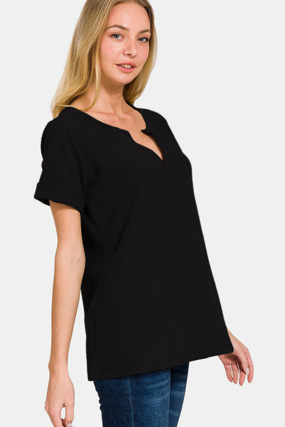 Melange Baby Waffle Henley Neck Short Sleeve Top