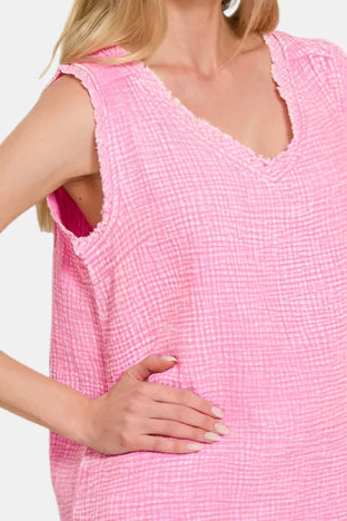 Double Gauze Raw Edge Acid Washed Tank Top / CANDY PINK