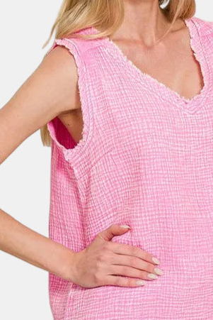 Double Gauze Raw Edge Acid Washed Tank Top / CANDY PINK