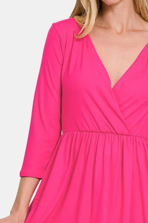Brushed DTY Buttery Soft Fabric Surplice Dress / HOT PINK