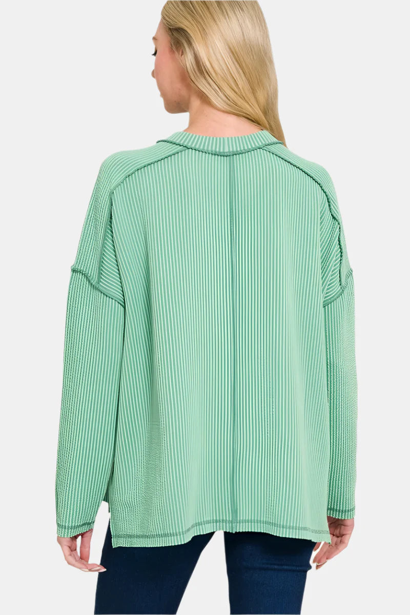 Raised Rib Raw Edge Boat Neck Long Sleeve Top / HOT PINK