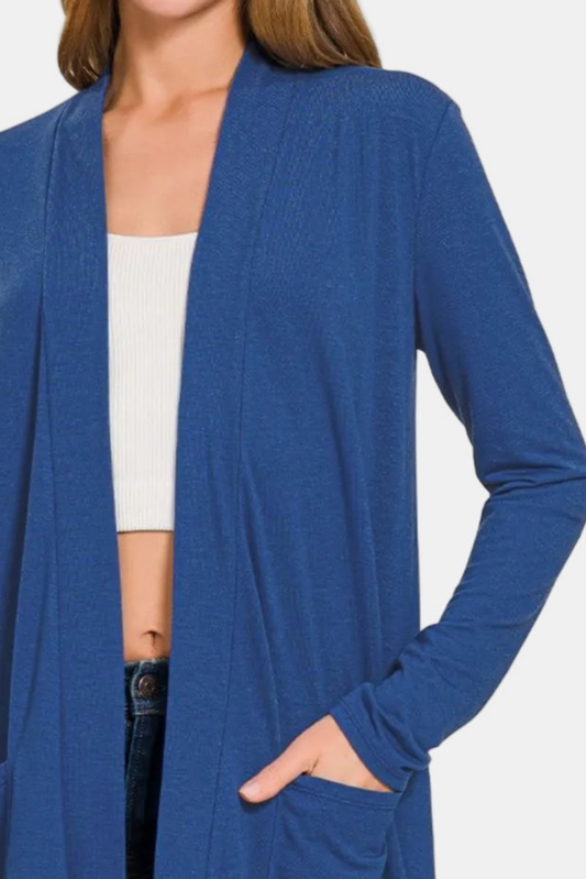 Slouchy Lightweight Open Front Pocket Cardigan / LT NAVY