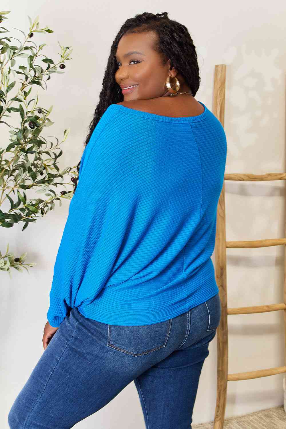 Ribbed Batwing Long Sleeve Boat Neck Sweater / OCEAN BLUE
