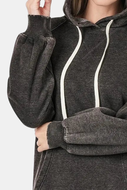 Acid Wash Fleece Hoodie with Pockets / ASH BLACK