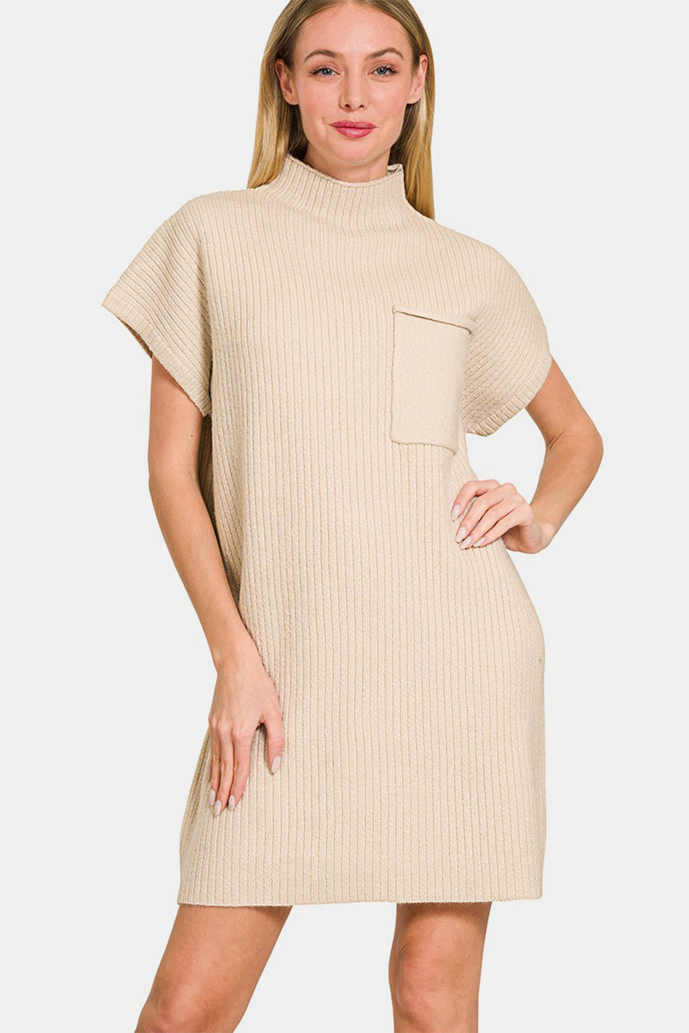 Mock Neck Short Sleeve Sweater Dress With Pocket Z Clothing Co