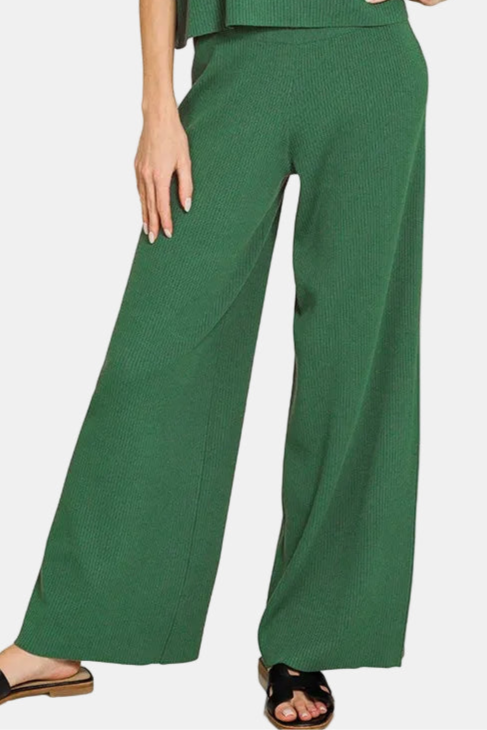 Viscose Sweater Short Sleeve Top & Pants Set / DK GREEN