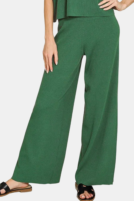 Viscose Sweater Short Sleeve Top & Pants Set / DK GREEN