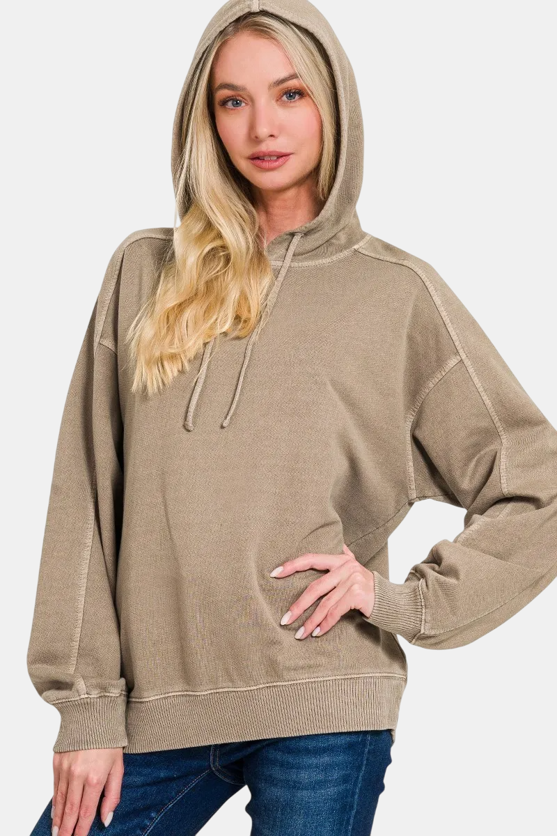 French Terry Pigment Dye & Enzyme Washed Hoodie / MOCHA