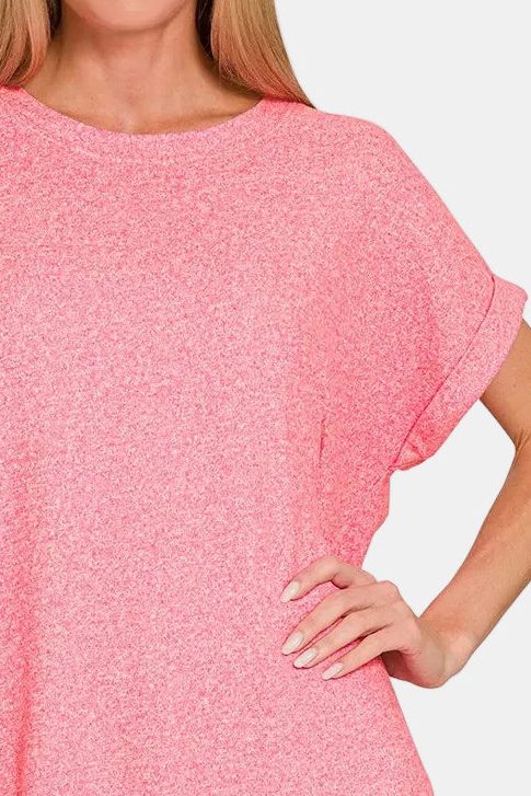 Soft Melange Hacci Short Sleeve Round Neck Top / FUCHSIA