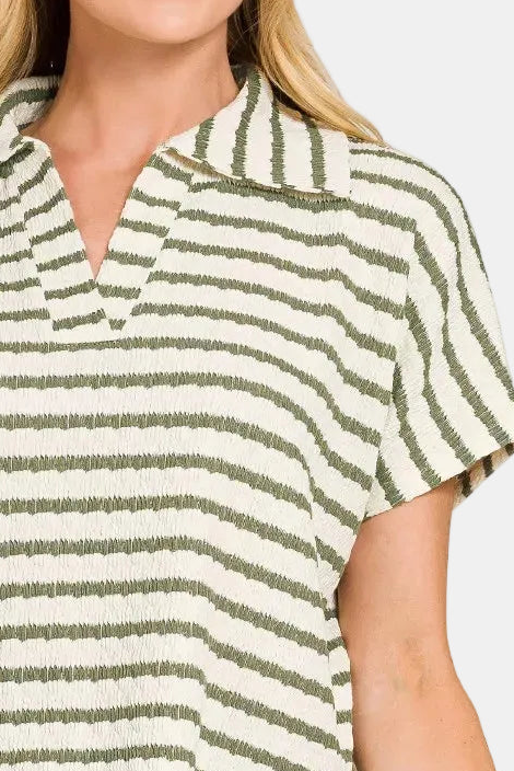Striped Split Neck Collared Top / OLIVE