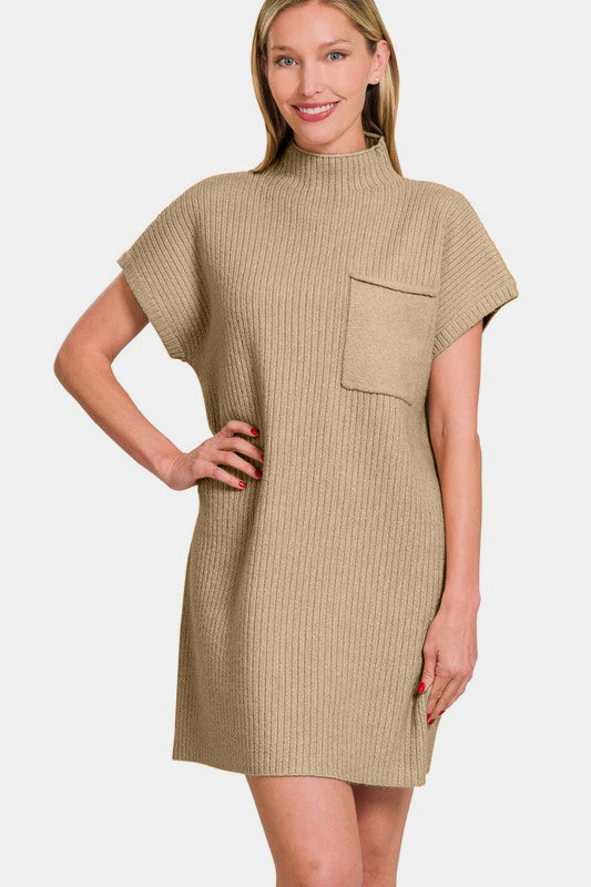 Mock Neck Short Sleeve Sweater Dress With Pocket / H MOCHA