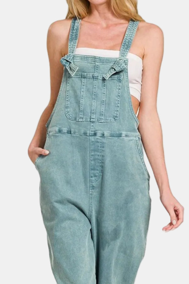 Washed Knot Strap Relaxed Fit Overalls / TEAL