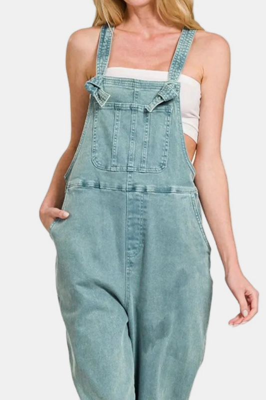 Washed Knot Strap Relaxed Fit Overalls / TEAL