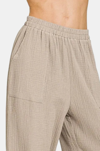 Double Gauze Elastic Band Pants / ASH MOCHA