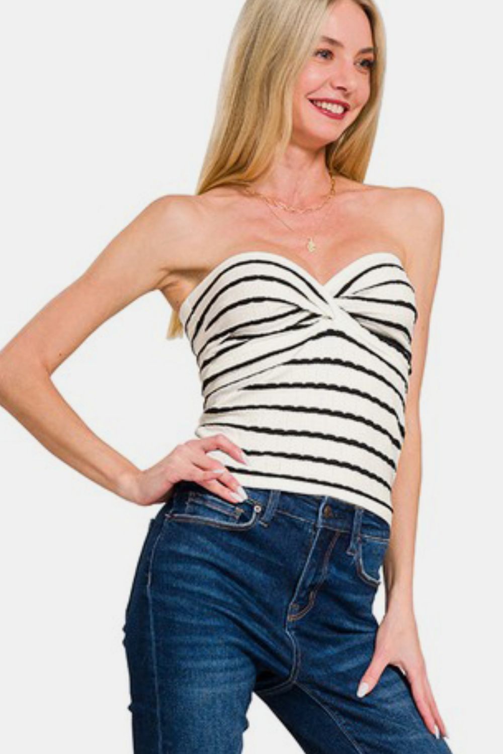 Viscose Striped Sweater Tube Top / IVORY/BLACK