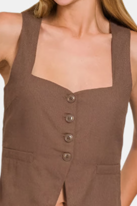Linen Tie-Back 4-button Vest with Lining / BROWN