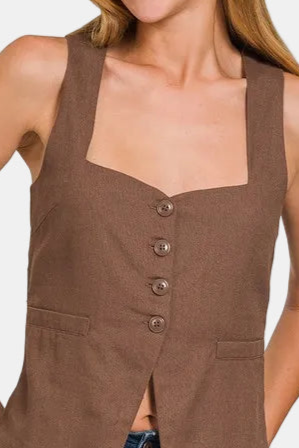 Linen Tie-Back 4-Button Vest with Lining / BROWN