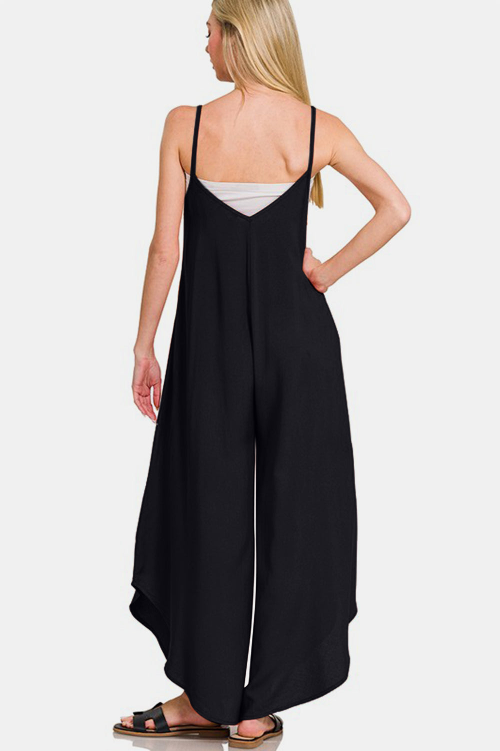 Wide Leg Rayon Challis Jumpsuit / BLACK