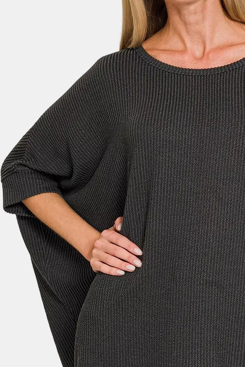 Raised Rib Bat Sleeve Top / BLACK