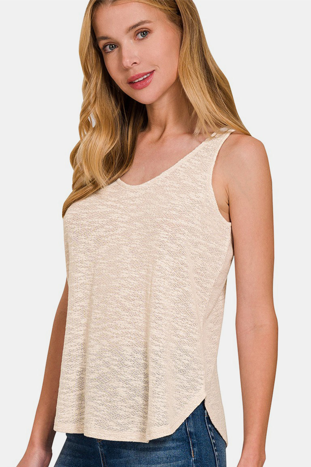 Sleeveless Double Scoop Neck Tank Top / SAND BEIGE