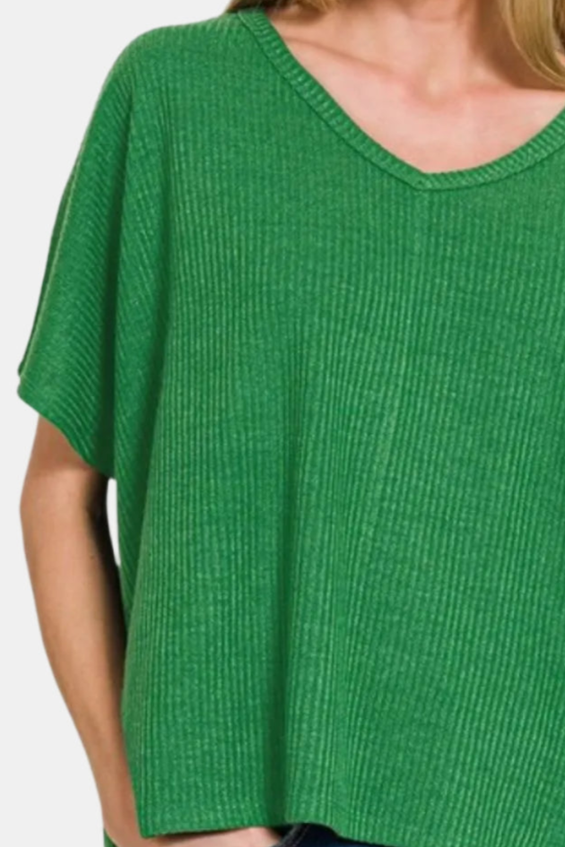 Ribbed V-Neck Short-Sleeve Sweater / K GREEN