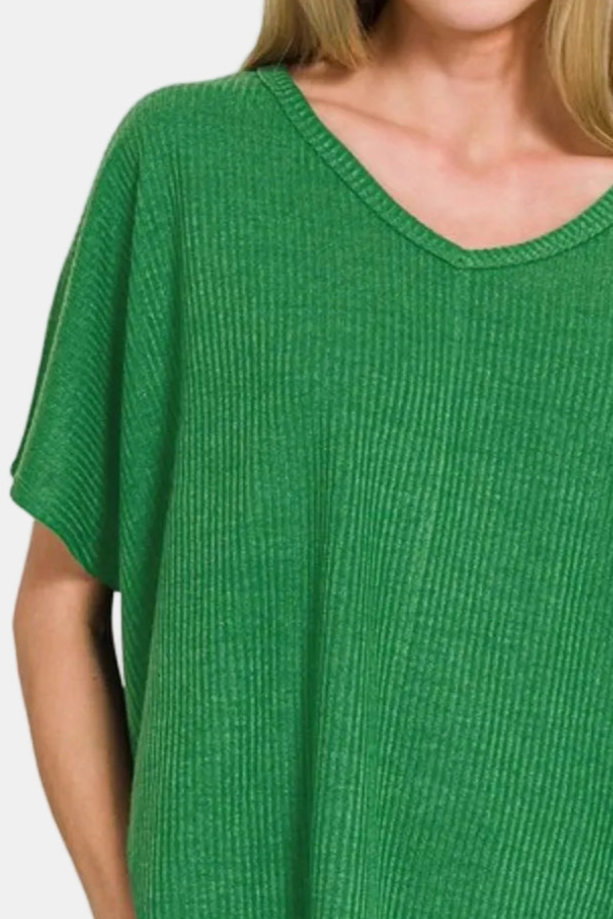 Ribbed V-Neck Short-Sleeve Sweater / K GREEN