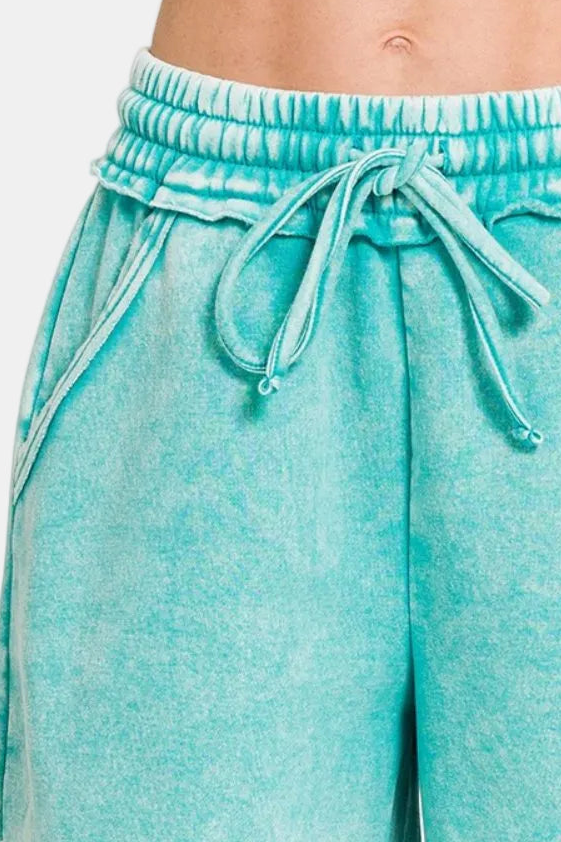 Acid Wash Fleece Drawstring Shorts With Pockets / TURQUOISE