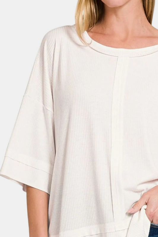 Ribbed Boat Neck 3/4 Sleeve Top / OFF WHITE