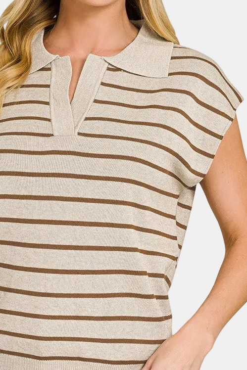 Viscose Striped Collared Sweater Vest / MOCHA/H MOCHA