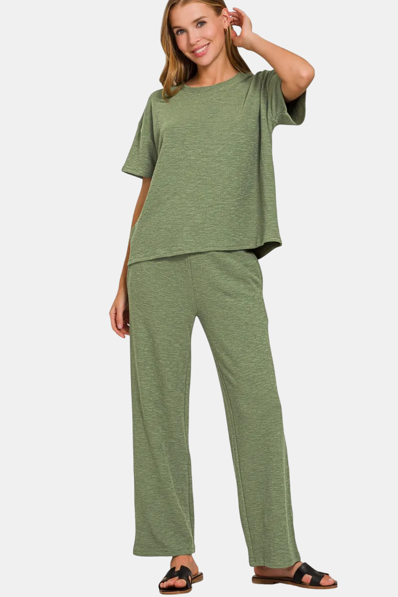 Slub Short Sleeve Top & Pants Set / LT OLIVE