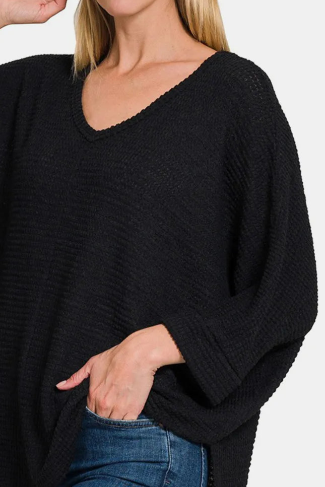 3/4 Sleeve V-Neck Jacquard Sweater / BLACK