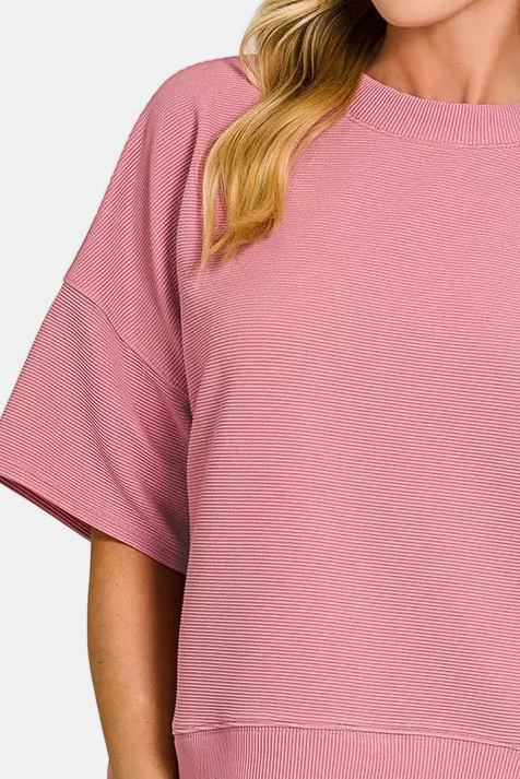 Ribbed Round Neck Waist Banded T-Shirt / LT ROSE