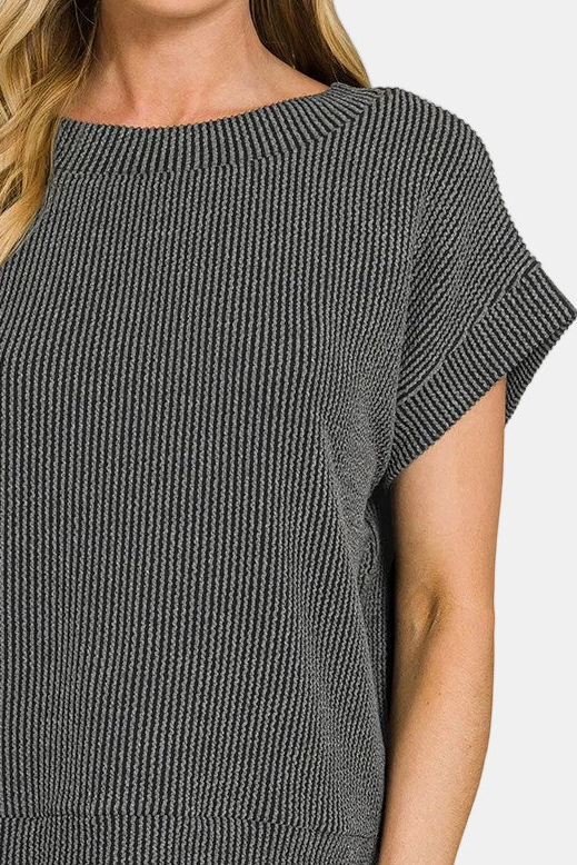 Raised Rib Cap Sleeve Top / CHARCOAL