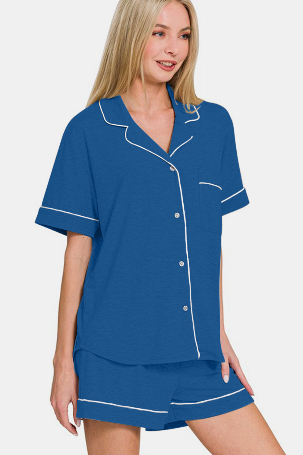 Short Sleeve Button Down Shirt & Shorts Set / CLASSIC BLUE