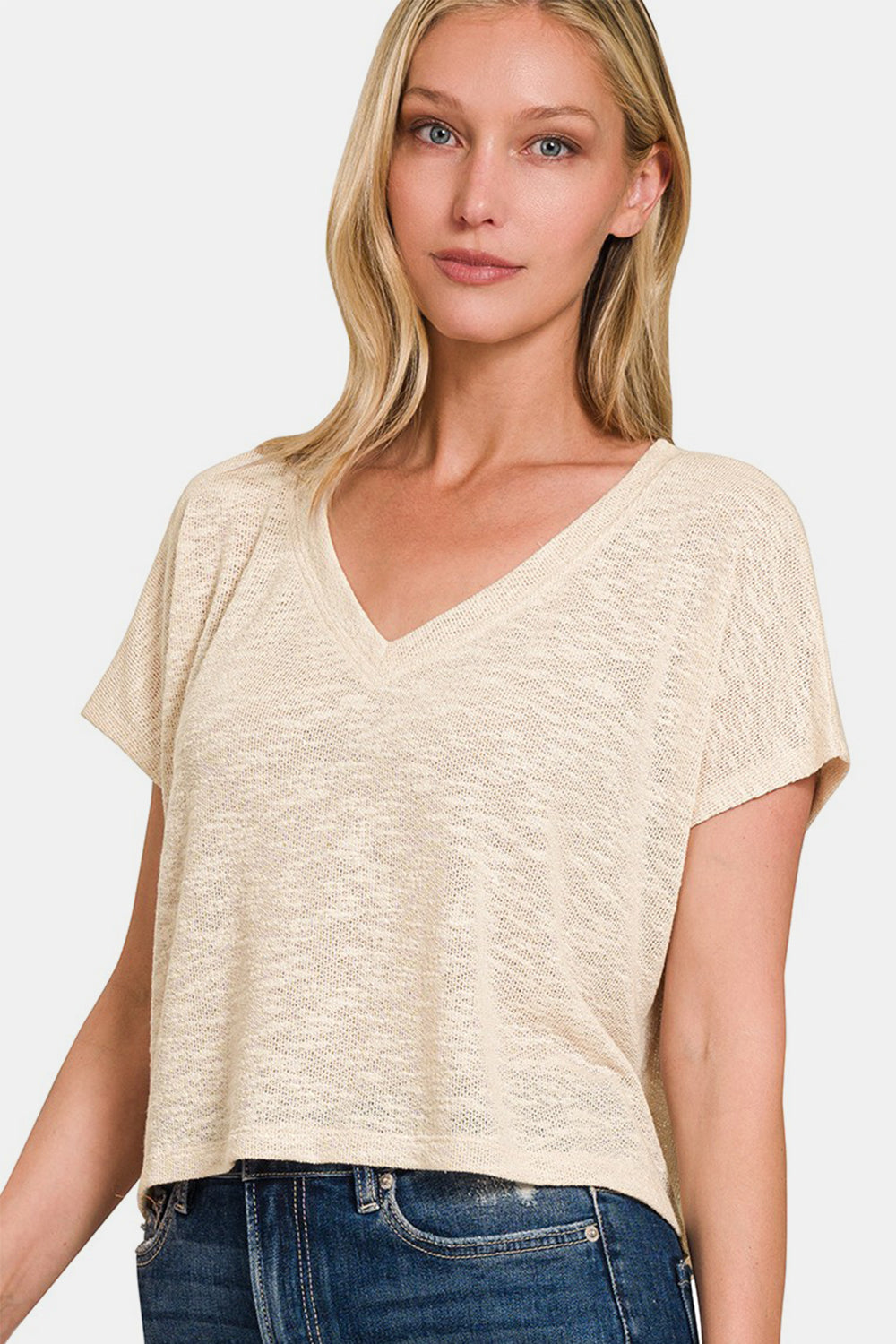 V-Neck Drop Shoulder Short Sleeve Crop Top / SAND BEIGE