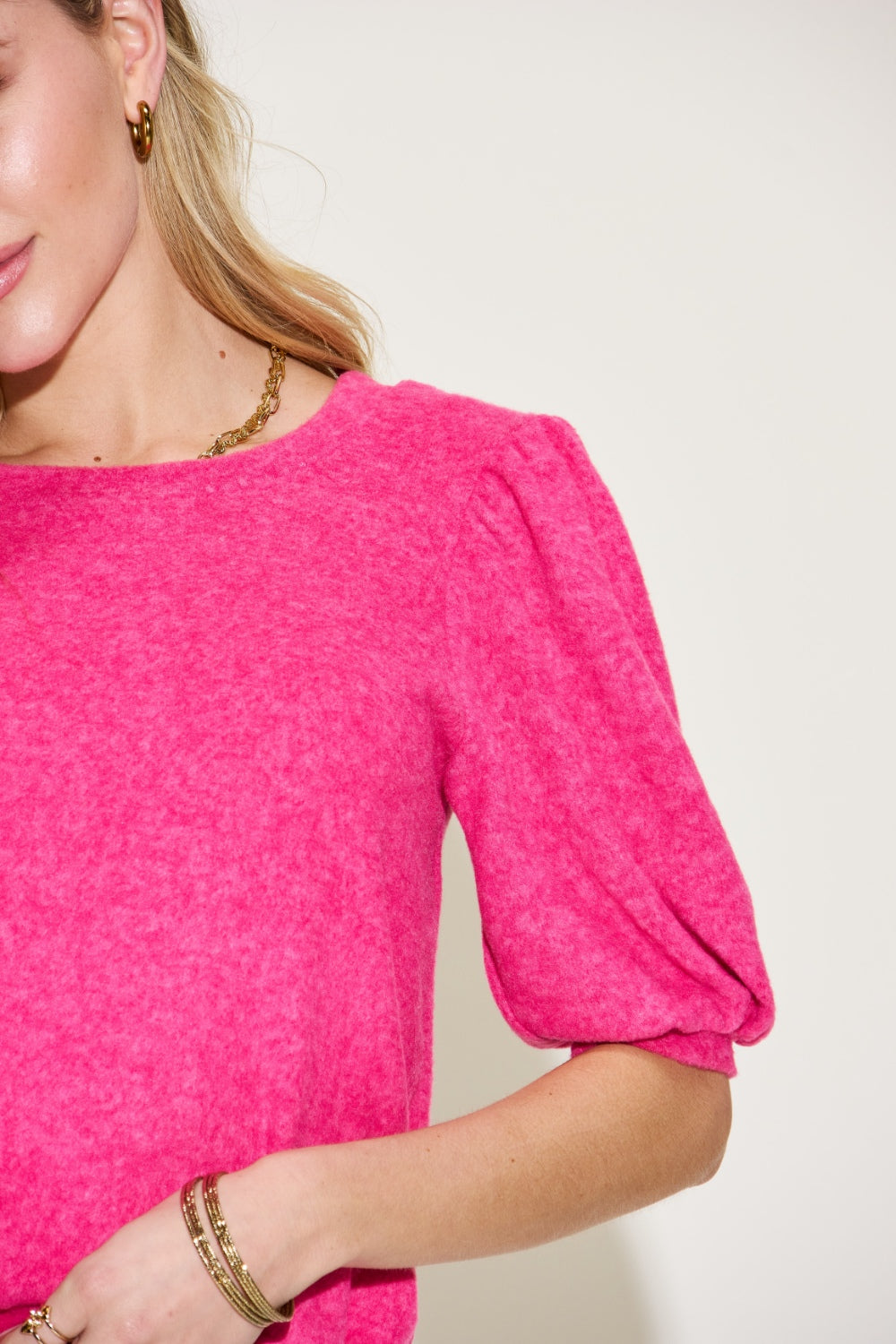 Brushed Melange Hacci Puff Short Sleeve Sweater