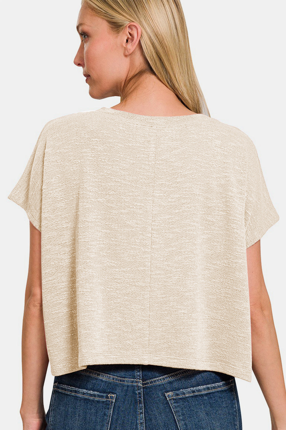 V-Neck Drop Shoulder Short Sleeve Crop Top / SAND BEIGE