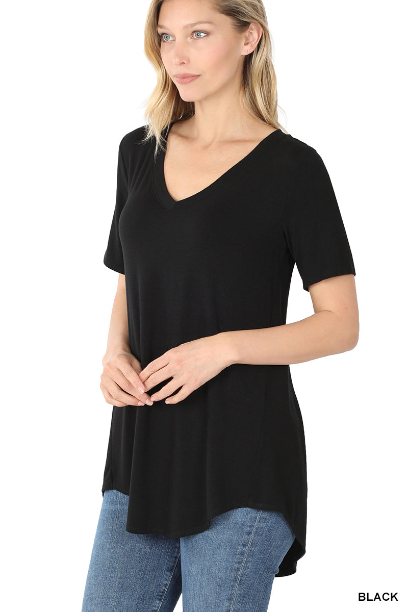 Luxe Rayon Short Sleeve V Neck Hi Low Hem Top