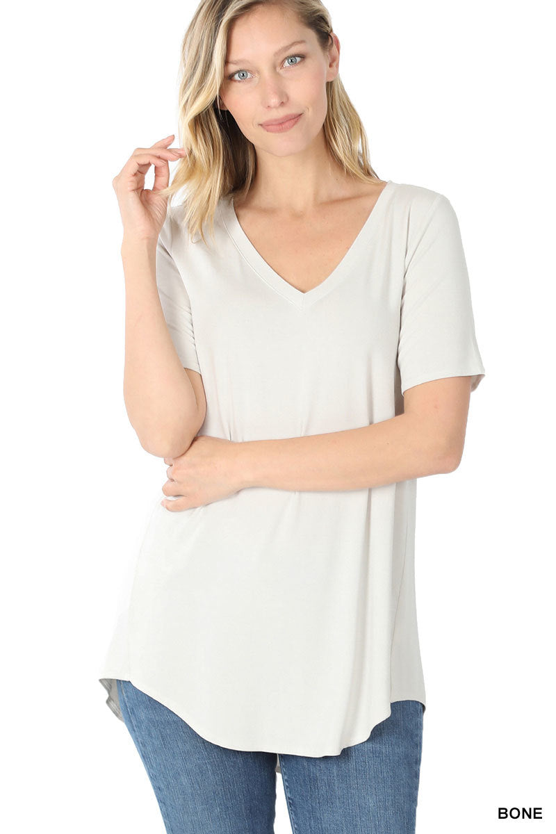Luxe Rayon Short Sleeve V Neck Hi Low Hem Top
