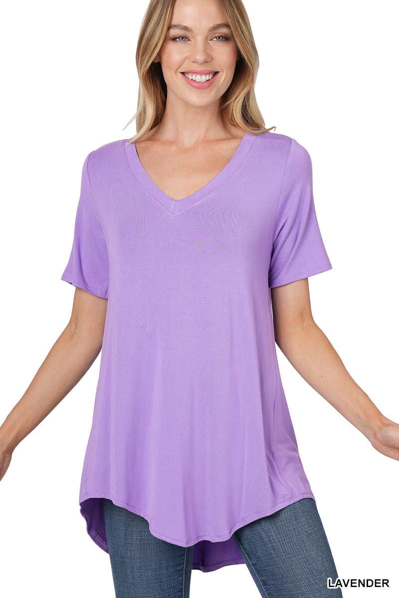 Luxe Rayon Short Sleeve V Neck Hi Low Hem Top