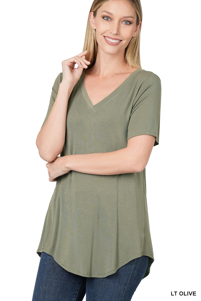 Luxe Rayon Short Sleeve V Neck Hi Low Hem Top